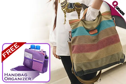 From QR99, Carry It All with Women’s Striped Canvas Messenger Tote Bags - Comes with FREE Travel Organizer Insert! (Up to QR358 Value)